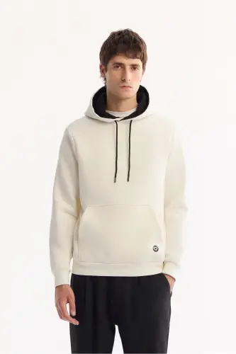 Erkek Beyaz Kapüşonlu 3 İplik Şardonlu Pamuklu Sweatshirt E001018 - Beyaz 
