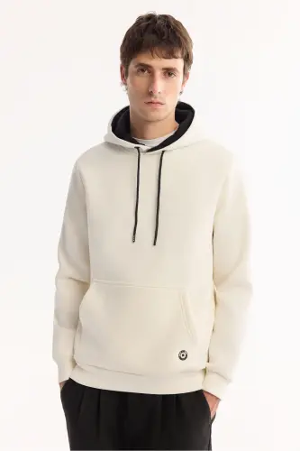 Erkek Beyaz Kapüşonlu 3 İplik Şardonlu Pamuklu Sweatshirt E001018 - Beyaz - 5