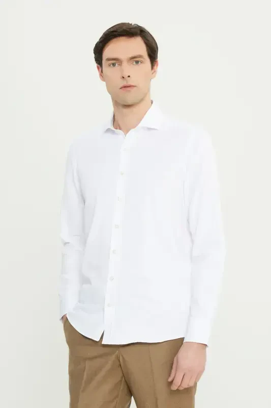 Erkek Beyaz Kolay Ütülenebilir Slim Fit Dar Kesim Italyan Yaka Armürlü Gömlek-BÜYÜK İTALYAN YAKA - 3