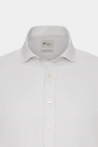 Erkek Beyaz Kolay Ütülenebilir Slim Fit Dar Kesim Italyan Yaka Armürlü Gömlek-BÜYÜK İTALYAN YAKA - 7