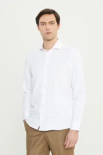 Erkek Beyaz Kolay Ütülenebilir Slim Fit Dar Kesim Italyan Yaka Armürlü Gömlek - BÜYÜK İTALYAN YAKA - 3