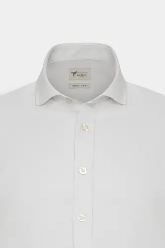 Erkek Beyaz Kolay Ütülenebilir Slim Fit Dar Kesim Italyan Yaka Armürlü Gömlek - BÜYÜK İTALYAN YAKA - 7