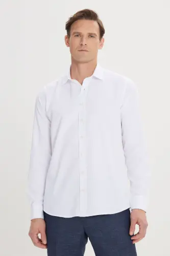 Erkek Beyaz Kolay Ütülenebilir Slim Fit Dar Kesim Pamuklu Klasik Yaka Armürlü Gömlek - KLASİK YAKA - 1