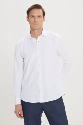 Erkek Beyaz Kolay Ütülenebilir Slim Fit Dar Kesim Pamuklu Klasik Yaka Armürlü Gömlek - KLASİK YAKA - 3