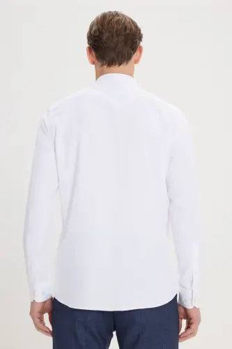 Erkek Beyaz Kolay Ütülenebilir Slim Fit Dar Kesim Pamuklu Klasik Yaka Armürlü Gömlek - KLASİK YAKA - 5