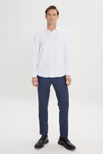 Erkek Beyaz Kolay Ütülenebilir Slim Fit Dar Kesim Pamuklu Klasik Yaka Armürlü Gömlek-KLASİK YAKA - MODAZONE (1)