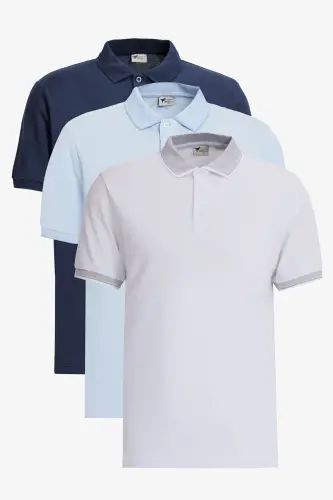 Erkek Beyaz-lacivert-açık Mavi 3'lü Çekmeyen Pamuklu Slim Fit Kıvrılmaz Polo Yaka Tişört - BEYAZ-LACIVERT-ACIK MAVI 