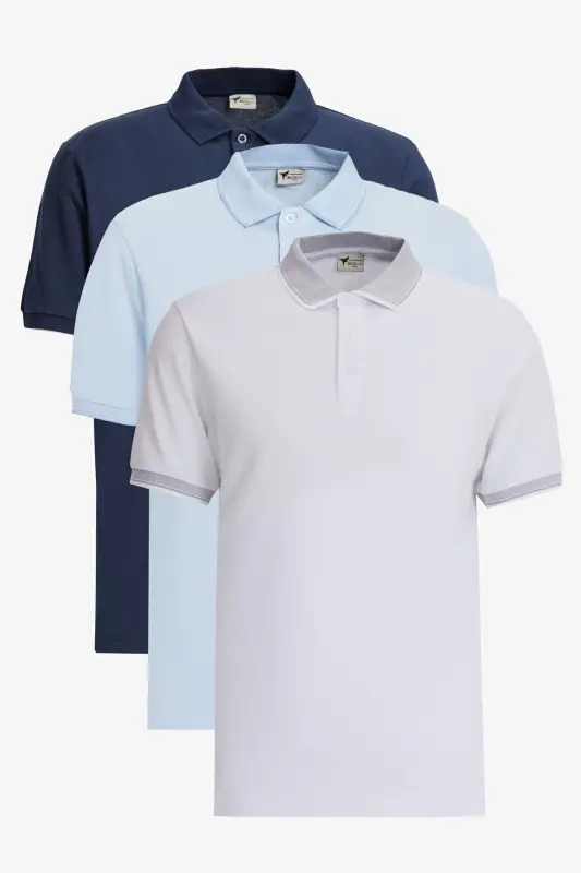 Erkek Beyaz-lacivert-açık Mavi 3'lü Çekmeyen Pamuklu Slim Fit Kıvrılmaz Polo Yaka Tişört - BEYAZ-LACIVERT-ACIK MAVI - 1
