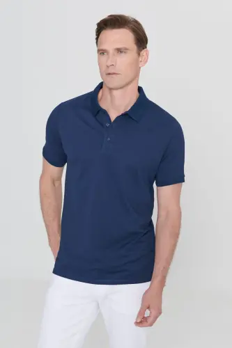 Erkek Beyaz-lacivert-açık Mavi 3'lü Çekmeyen Pamuklu Slim Fit Kıvrılmaz Polo Yaka Tişört - BEYAZ-LACIVERT-ACIK MAVI - 4