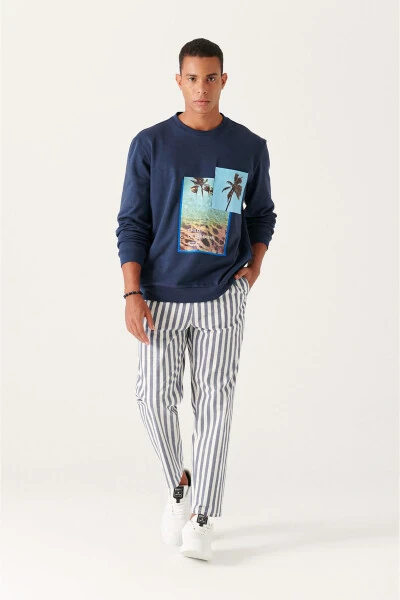 Erkek Beyaz-lacivert Geniş Çizgili Relaxed Fit Pantolon A21y3014 - AVVA