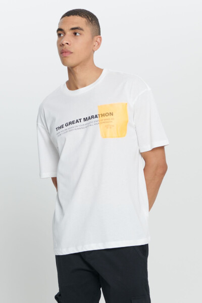 Erkek Beyaz Loose Fit Bol Kesim %100 Pamuk Slogan Baskılı Yumuşak Dokulu Bisiklet Yaka Tişört - Beyaz - 3