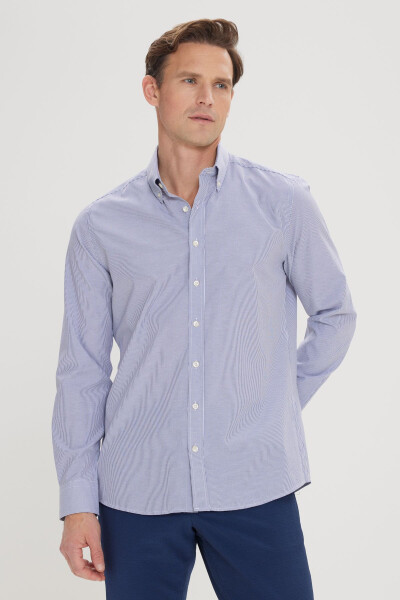 Erkek Beyaz-Mavi Slim Fit Dar Kesim Düğmeli Yaka Çizgili Gömlek - Beyaz-Mavi - 3
