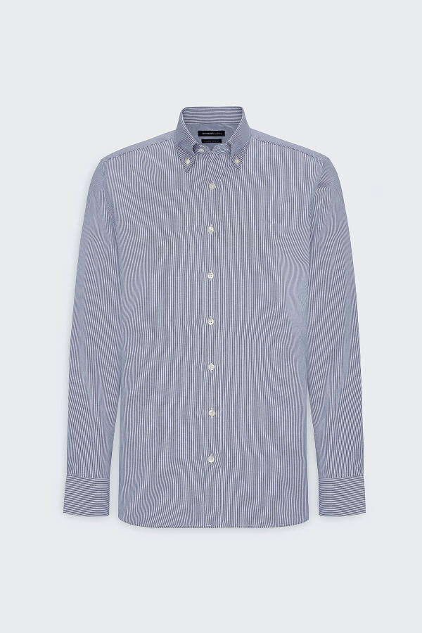 Erkek Beyaz-Mavi Slim Fit Dar Kesim Düğmeli Yaka Çizgili Gömlek - Beyaz-Mavi - 6