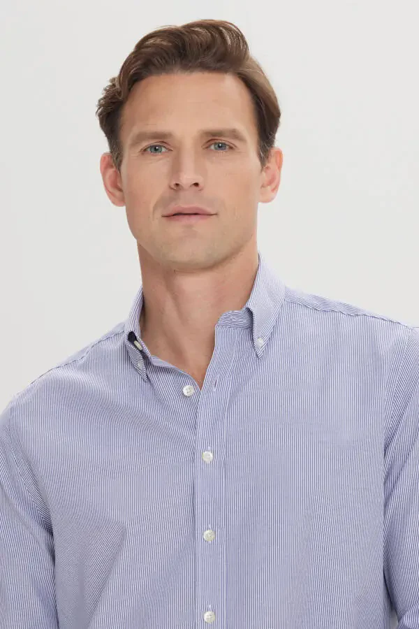 Erkek Beyaz-Mavi Slim Fit Dar Kesim Düğmeli Yaka Çizgili Gömlek - 4