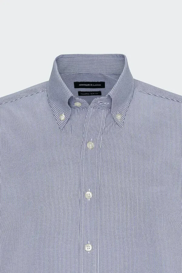 Erkek Beyaz-Mavi Slim Fit Dar Kesim Düğmeli Yaka Çizgili Gömlek - 7