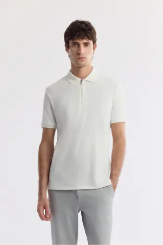 Erkek Beyaz Polo Yaka Jakarlı Elastan Regular Fit T-Shirt A51Y1059 - Beyaz - 1