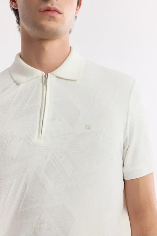 Erkek Beyaz Polo Yaka Jakarlı Elastan Regular Fit T-Shirt A51Y1059 - Beyaz - 2