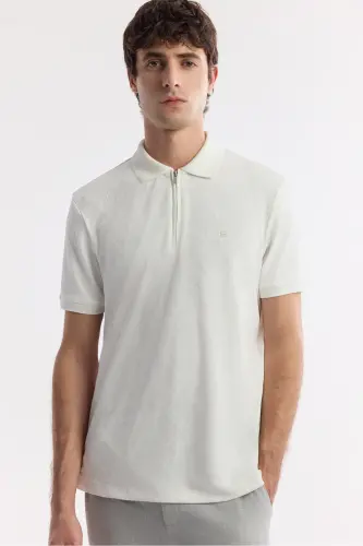 Erkek Beyaz Polo Yaka Jakarlı Elastan Regular Fit T-Shirt A51Y1059 - Beyaz - 5