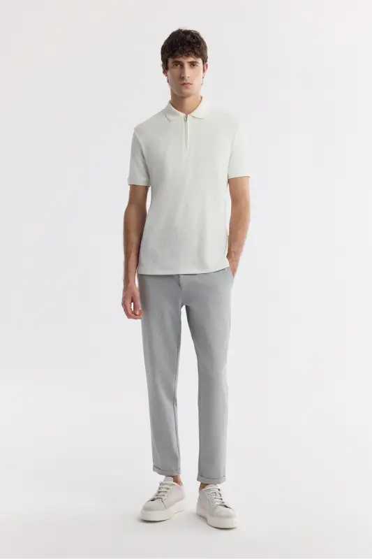 Erkek Beyaz Polo Yaka Jakarlı Elastan Regular Fit T-Shirt A51Y1059 - Beyaz - 6