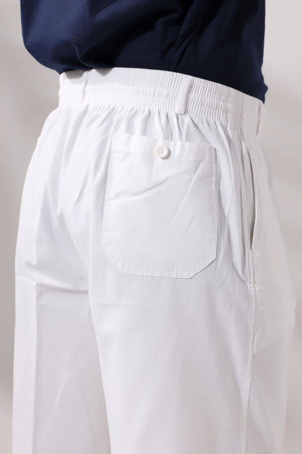 Erkek Beyaz Rahat Kesim Beli Lastikli Keten Hac ve Umre Şalvar Pantolon-Beyaz - 4