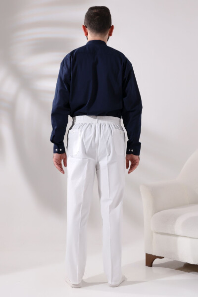 Erkek Beyaz Rahat Kesim Beli Lastikli Keten Hac ve Umre Şalvar Pantolon-Beyaz - 8