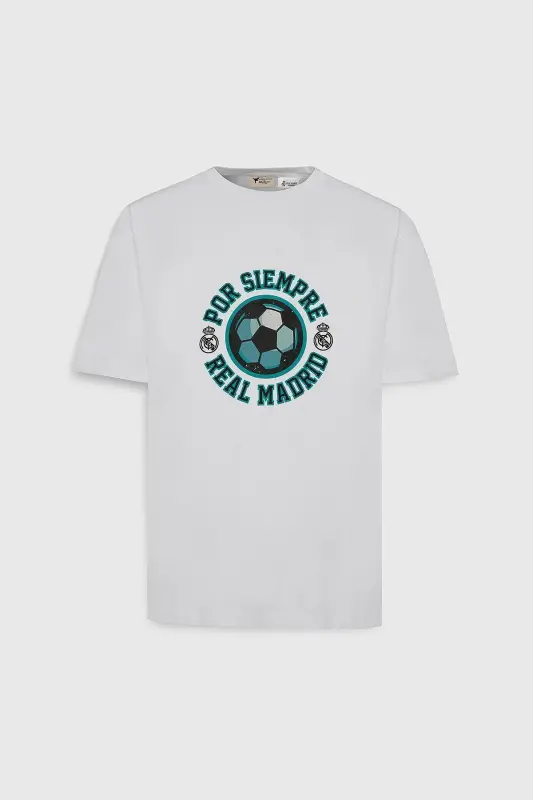 Erkek Beyaz Real Madrid Lisanslı Oversize Fit Bol Kesim %100 Pamuk Bisiklet Yaka Tişört - Beyaz - 7