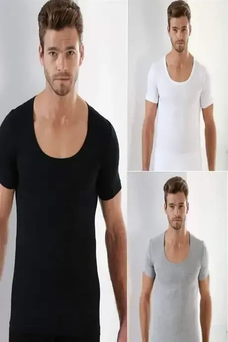 Erkek Beyaz Siyah Gri T-Shirt Bisiklet Yaka Kısa Kollu %100 Pamuk 3'lü Paket - 2