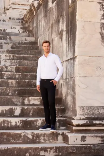 Erkek Beyaz Slim Fit Dar Kesim Düz Sert Yaka Uzun Kollu Gömlek 