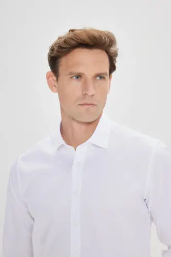 Erkek Beyaz Slim Fit Dar Kesim Klasik Yaka %100 Pamuk Ütü Gerektirmeyen Non-Iron Gömlek-Beyaz - 4