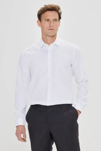 Erkek Beyaz Slim Fit Dar Kesim Klasik Yaka %100 Pamuk Ütü Gerektirmeyen Non-Iron Gömlek-Beyaz - 1