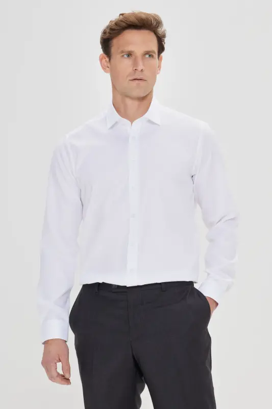 Erkek Beyaz Slim Fit Dar Kesim Klasik Yaka %100 Pamuk Ütü Gerektirmeyen Non-Iron Gömlek-Beyaz - 1