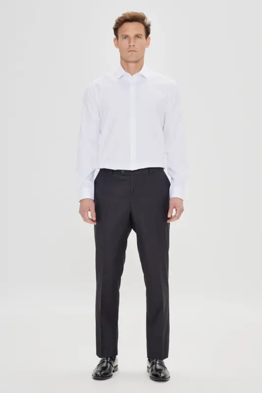 Erkek Beyaz Slim Fit Dar Kesim Klasik Yaka %100 Pamuk Ütü Gerektirmeyen Non-Iron Gömlek-Beyaz - 2