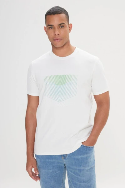 Erkek Beyaz Slim Fit Dar Kesim Pamuklu Esnek Baskılı Bisiklet Yaka Tişört - ALTINYILDIZ CLASSICS