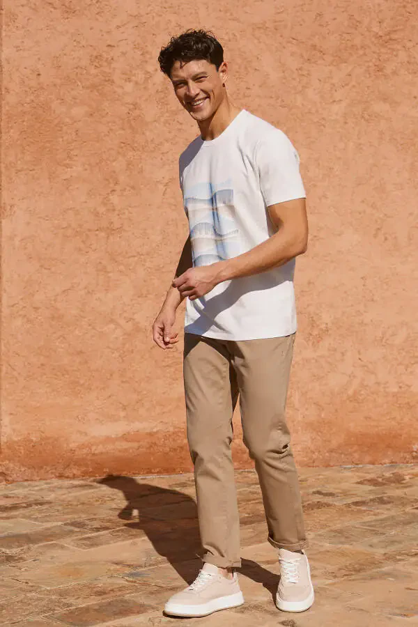 Erkek Beyaz Slim Fit Dar Kesim Pamuklu Esnek Baskılı Bisiklet Yaka Tişört - 1