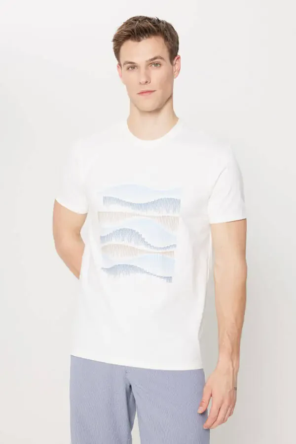Erkek Beyaz Slim Fit Dar Kesim Pamuklu Esnek Baskılı Bisiklet Yaka Tişört - 2