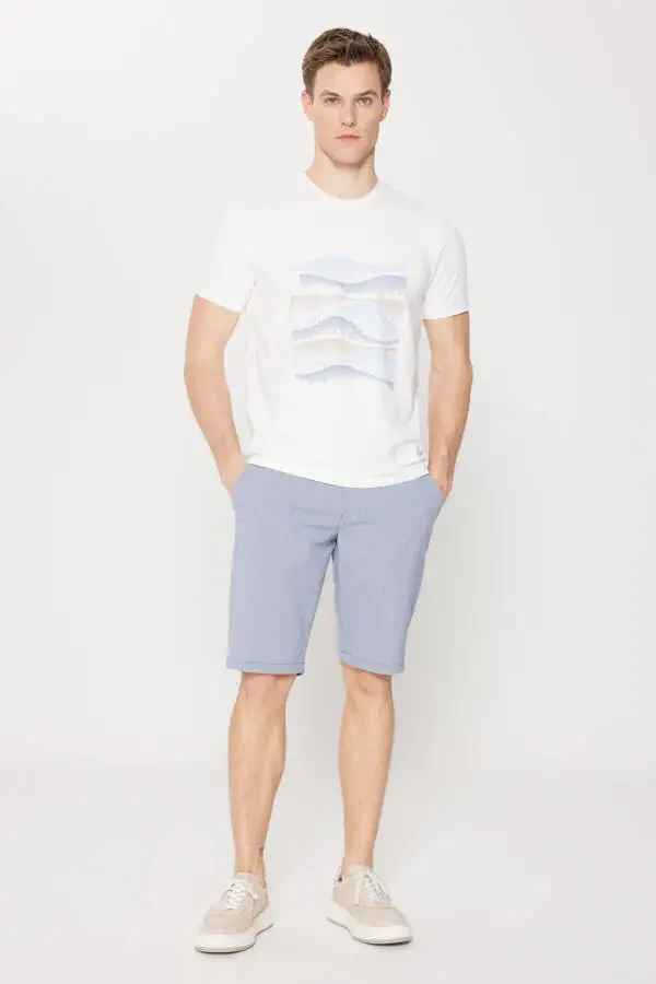 Erkek Beyaz Slim Fit Dar Kesim Pamuklu Esnek Baskılı Bisiklet Yaka Tişört - 3