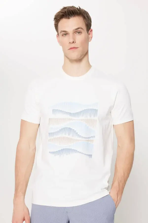 Erkek Beyaz Slim Fit Dar Kesim Pamuklu Esnek Baskılı Bisiklet Yaka Tişört - 4