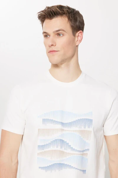 Erkek Beyaz Slim Fit Dar Kesim Pamuklu Esnek Baskılı Bisiklet Yaka Tişört - 5