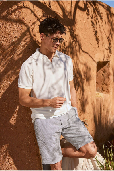 Erkek Beyaz Slim Fit Dar Kesim Polo Yaka Armürlü Tişört - Beyaz - 1