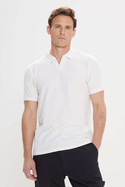 Erkek Beyaz Slim Fit Dar Kesim Polo Yaka Armürlü Tişört - Beyaz - 2