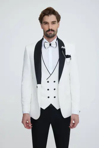 Erkek Beyaz Slim Fit Şal Yaka Desenli Damatlık - Beyaz - 3