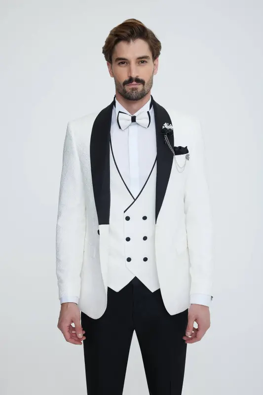 Erkek Beyaz Slim Fit Şal Yaka Desenli Damatlık - Beyaz - 3