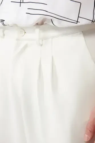 Erkek Beyaz Klasik Bel Pileli Baggy Fit Örme Pantolon A41Y3075-Beyaz - 7