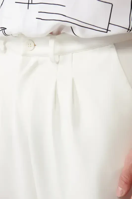 Erkek Beyaz Klasik Bel Pileli Baggy Fit Örme Pantolon A41Y3075-Beyaz - 7