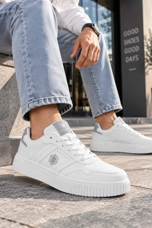 Erkek Beyaz Sneaker Günlük Bağcıklı Spor Ayakkabı - Beyaz-OCT - 1