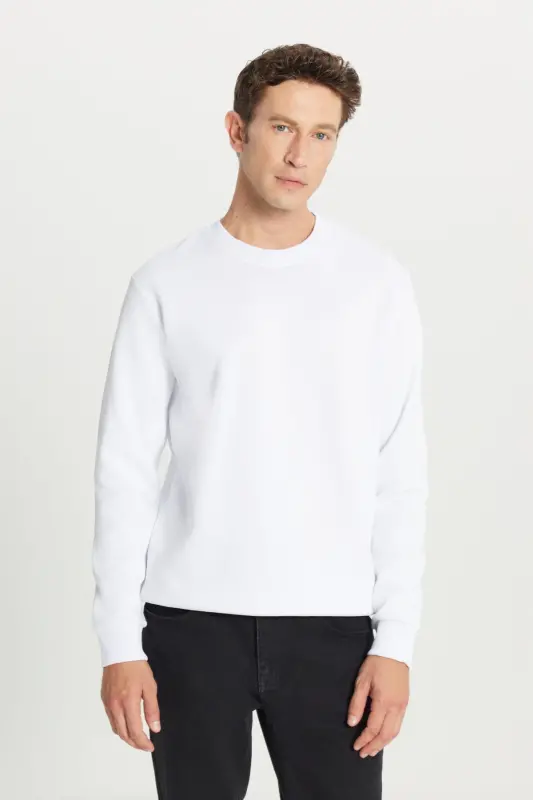 Erkek Beyaz Standart Fit Normal Kesim Içi Polarlı 3 Iplik Bisiklet Yaka Sweatshirt - Beyaz - 1