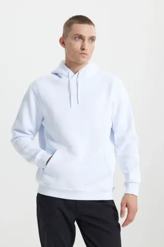 Erkek Beyaz Standart Fit Normal Kesim Içi Polarlı 3 Iplik Kapüşonlu Pamuklu Sweatshirt-Beyaz 