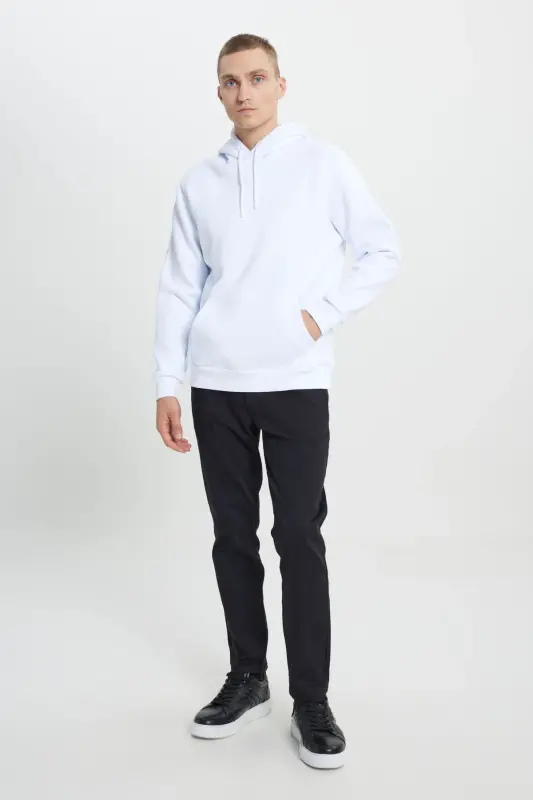 Erkek Beyaz Standart Fit Normal Kesim Içi Polarlı 3 Iplik Kapüşonlu Pamuklu Sweatshirt-Beyaz - 2