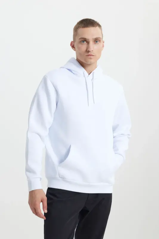 Erkek Beyaz Standart Fit Normal Kesim Içi Polarlı 3 Iplik Kapüşonlu Pamuklu Sweatshirt-Beyaz - 3
