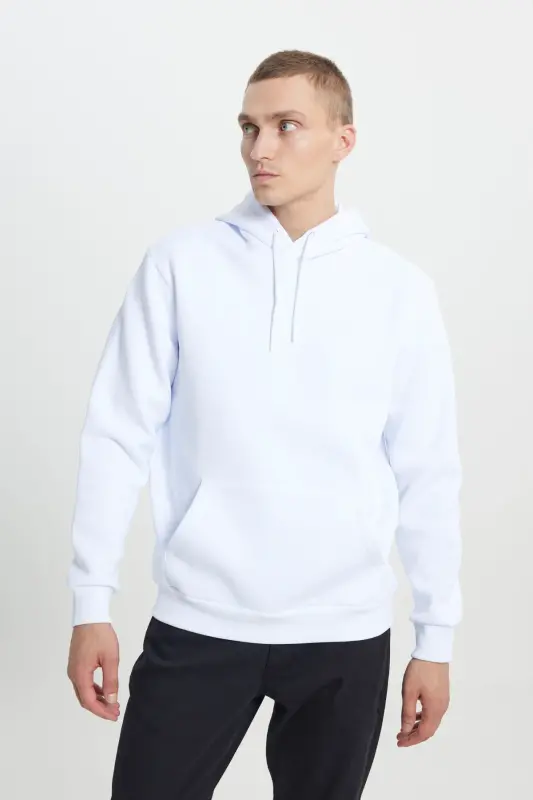 Erkek Beyaz Standart Fit Normal Kesim Içi Polarlı 3 Iplik Kapüşonlu Pamuklu Sweatshirt-Beyaz - 4